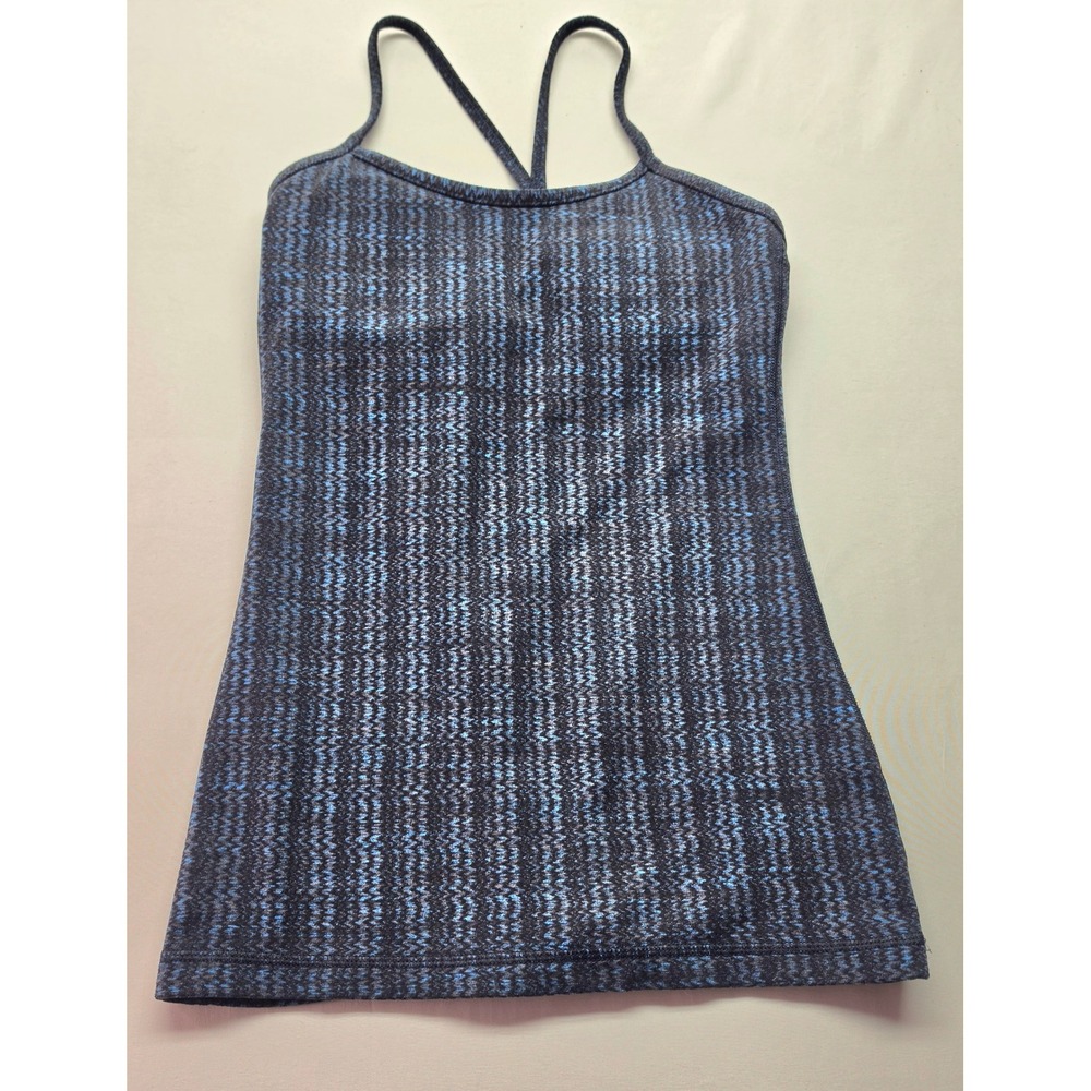 Lululemon Power Y Tank Top Blue Black Space Dye Chevron Built In Bra Yoga Camis